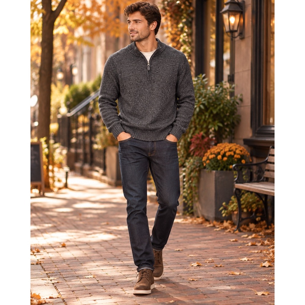 Men's XXL Quarter Zip Sweater Black Gray Marled Cotton Preppy Mock Neck Pullover